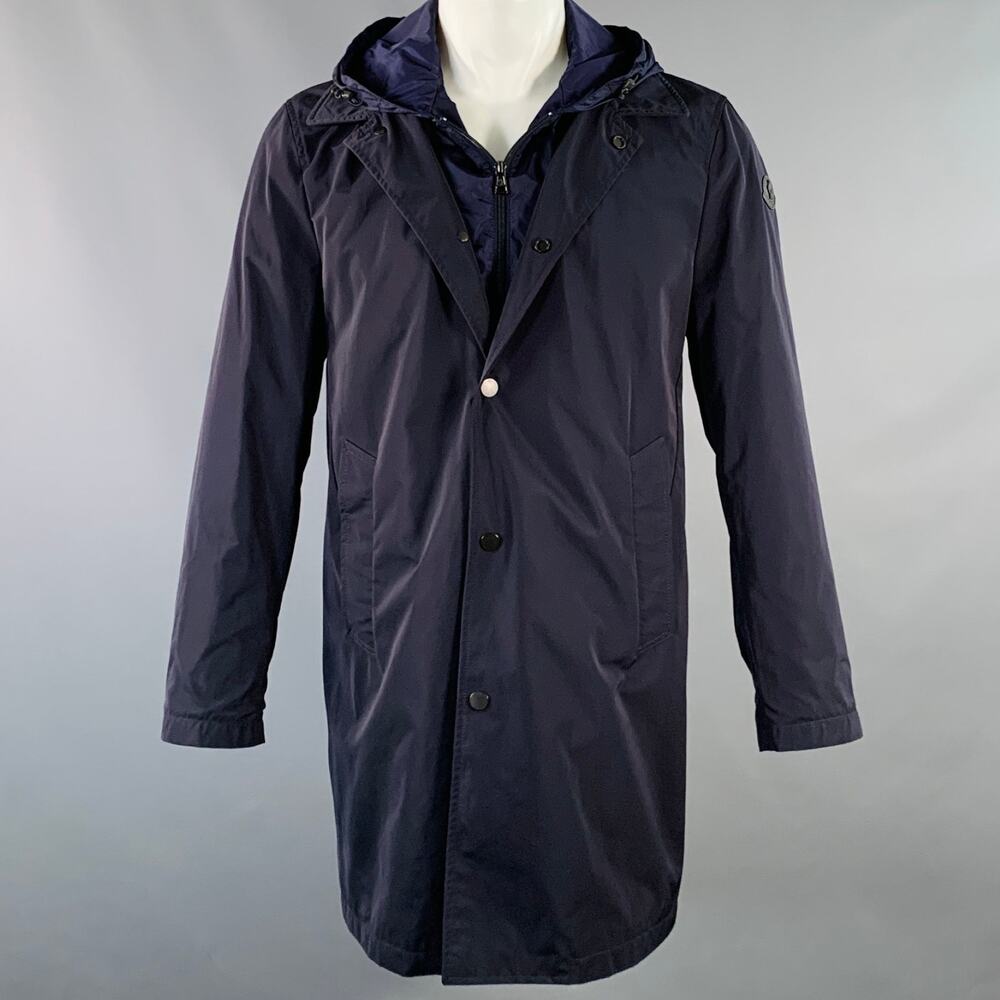 MONCLER 2016 Size M Reynaud Black Navy Polyamide Zip Snaps Coat
